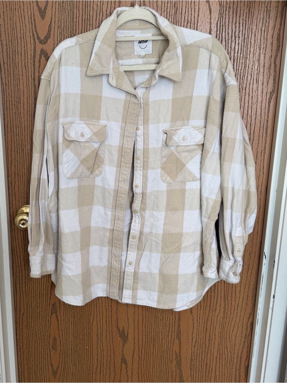 aerie Beige and White Plaid Button-Down Shirt